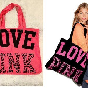 VICTORIA'S SECRET LOVE PINK Leopard CANVAS TOTE Large Hot Pink